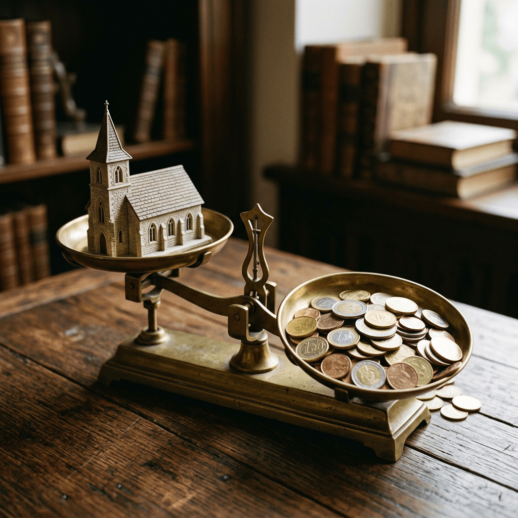 Balance scale with a small model church on one side and coins on the other